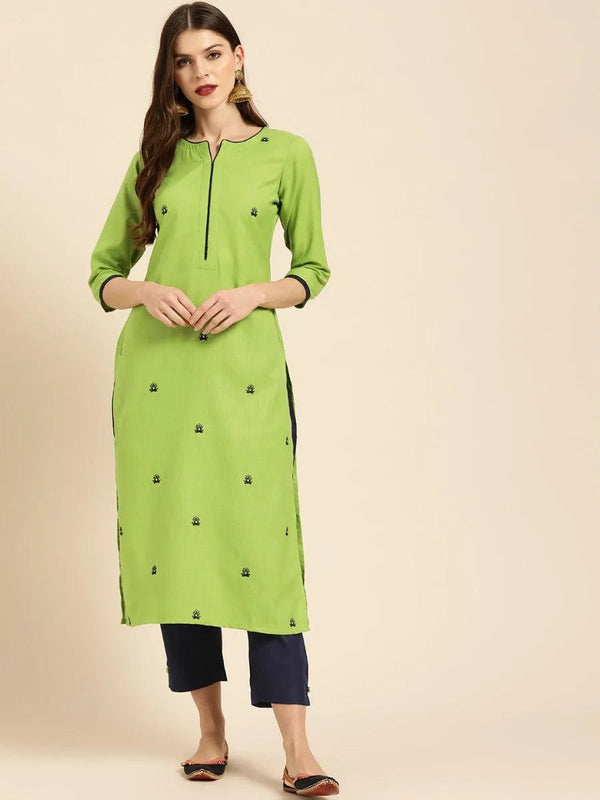 Green Embroidered Cotton Kurta Set - Jashvi