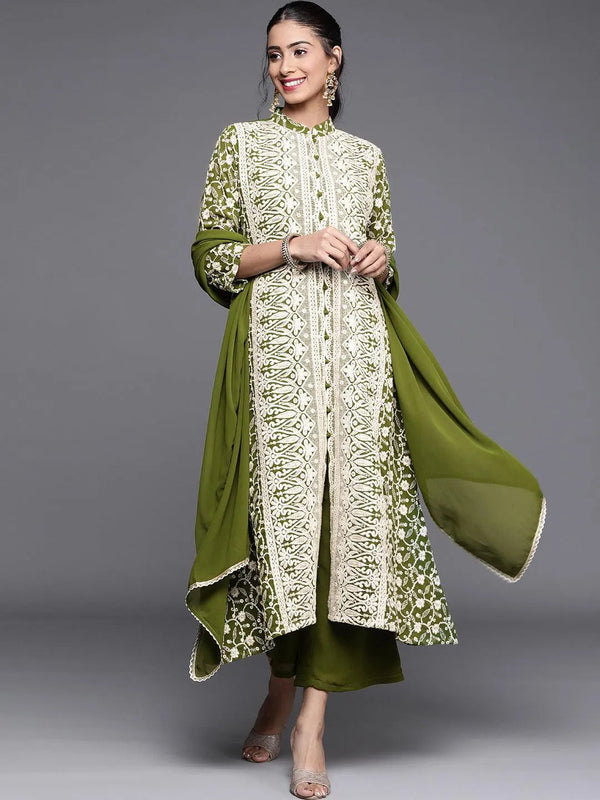 Green Embroidered Georgette Suit Set - Jashvi