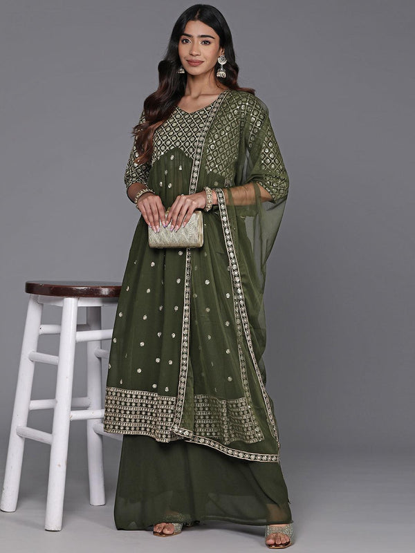 Green Embroidered Georgette A-Line Kurta With Palazzos & Dupatta - Jashvi