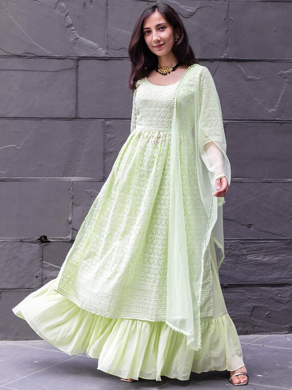 Green Embroidered Georgette A-Line Kurta With Palazzos & Dupatta - Jashvi