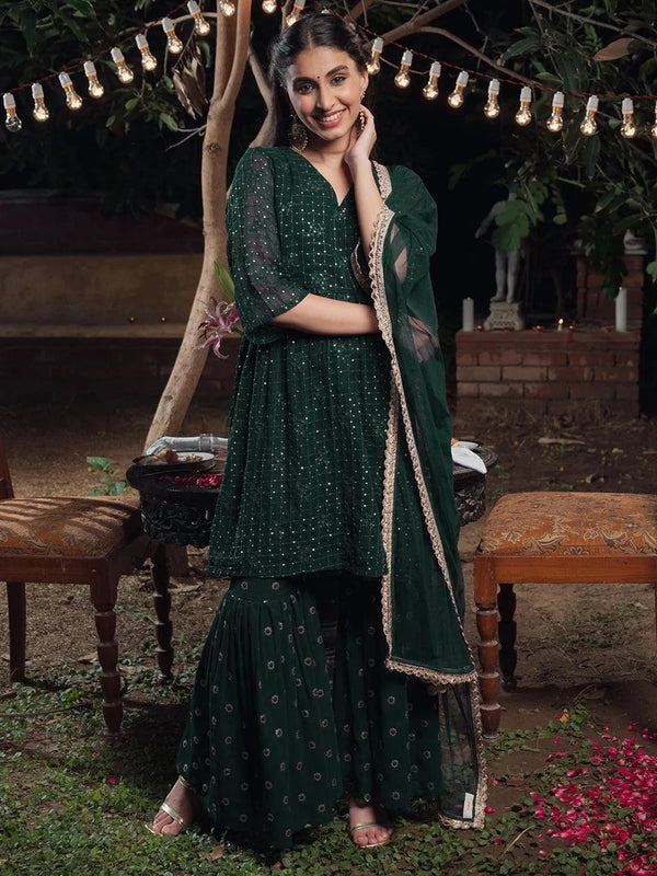 Green Embroidered Georgette A-Line Kurta With Sharara & Dupatta - Jashvi