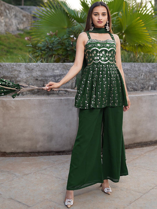 Green Embroidered Georgette A-Line Kurti With Palazzos & Dupatta - Jashvi