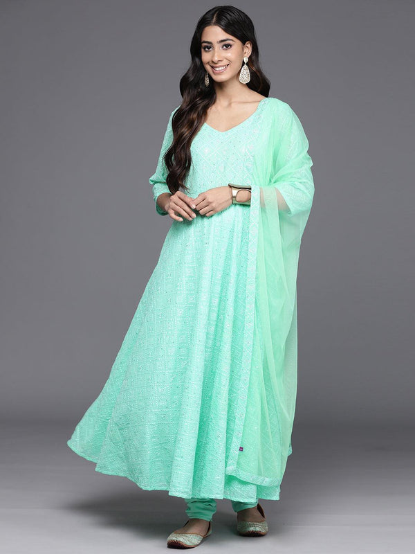 Green Embroidered Georgette Anarkali Kurta With Churidar & Dupatta - Jashvi