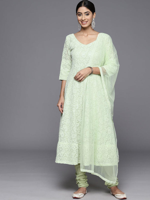 Green Embroidered Georgette Anarkali Kurta With Churidar & Dupatta - Jashvi