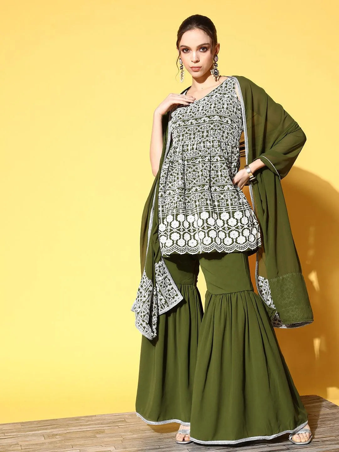 Green Embroidered Georgette Peplum Sharara Suit Set - Jashvi