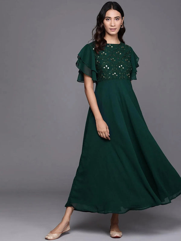 Green Embroidered Georgette Dress - Jashvi