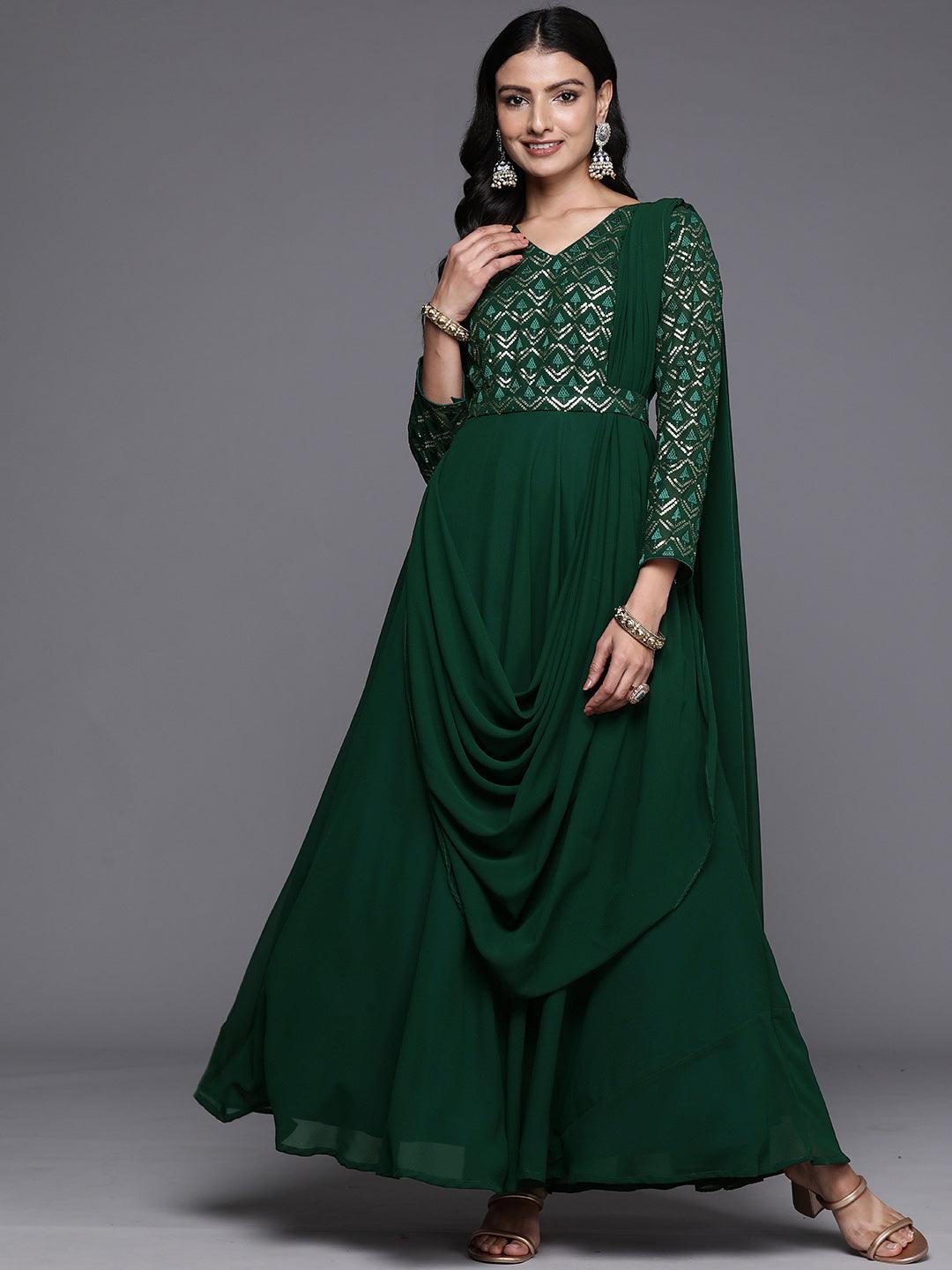 Green Embroidered Georgette Gown Dress - Jashvi