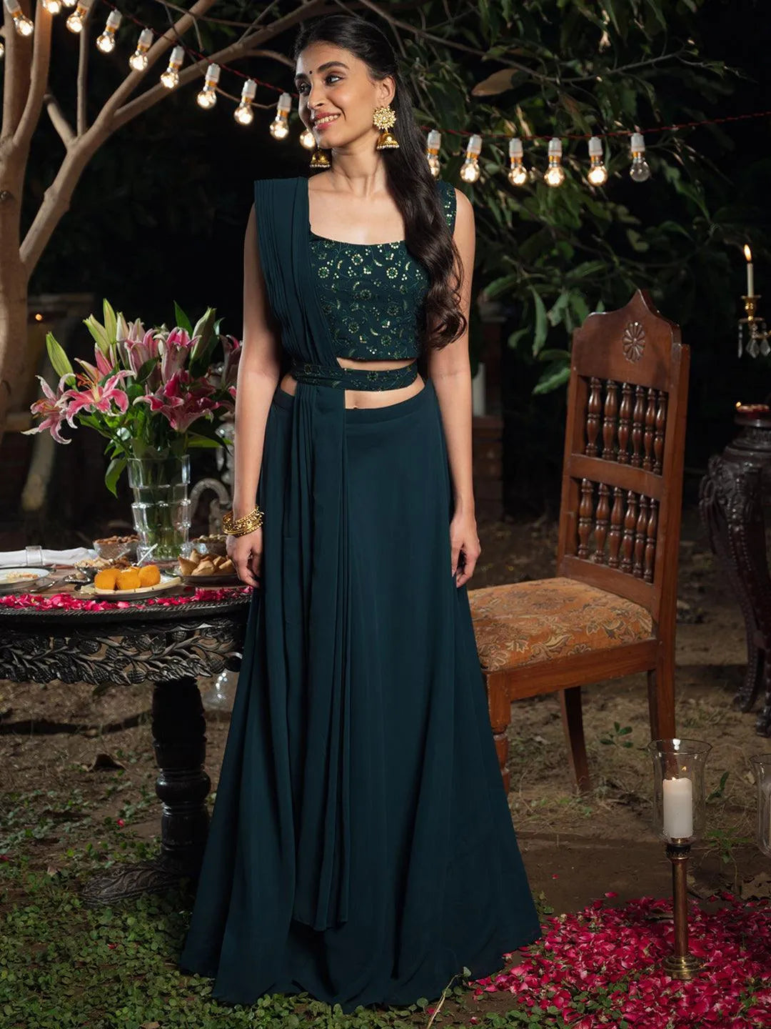 Green Embroidered Georgette Lehenga Set - Jashvi