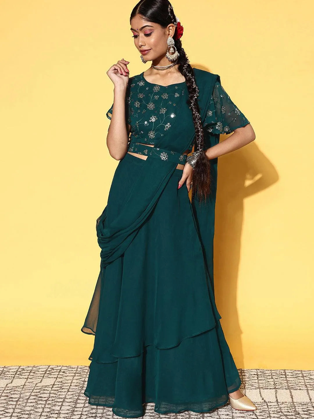 Green Embroidered Georgette Lehenga Set - Jashvi