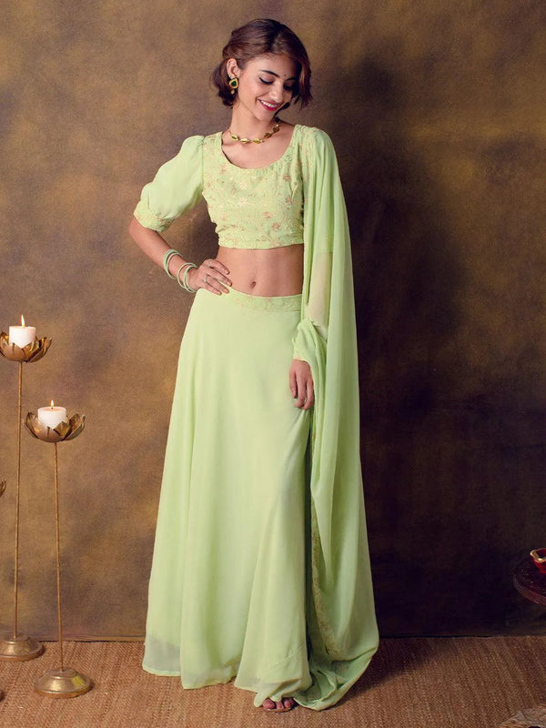 Green Embroidered Georgette Lehenga Set - Jashvi