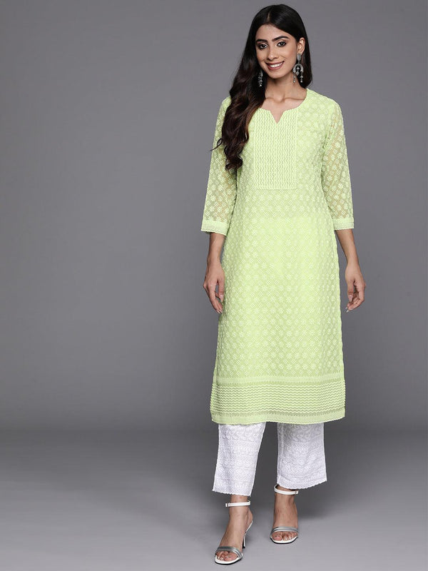 Green Embroidered Georgette Straight Kurta - Jashvi