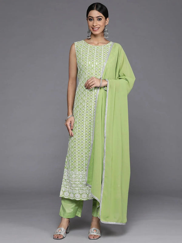 Green Embroidered Georgette Straight Suit Set With Trousers - Jashvi