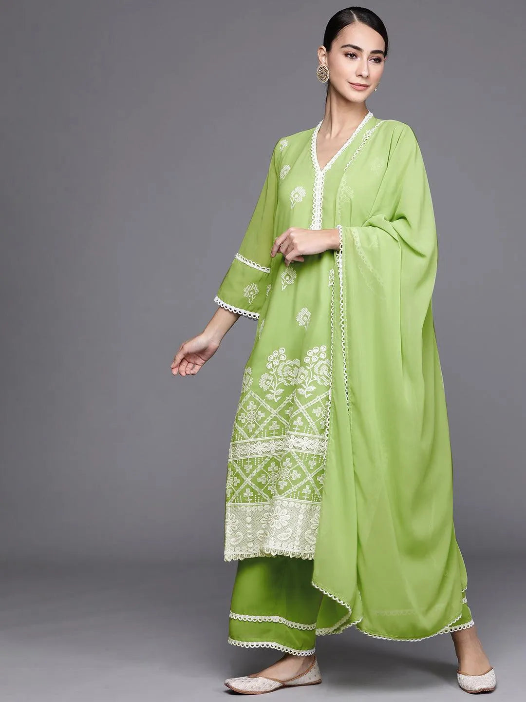 Green Embroidered Georgette Suit Set - Jashvi