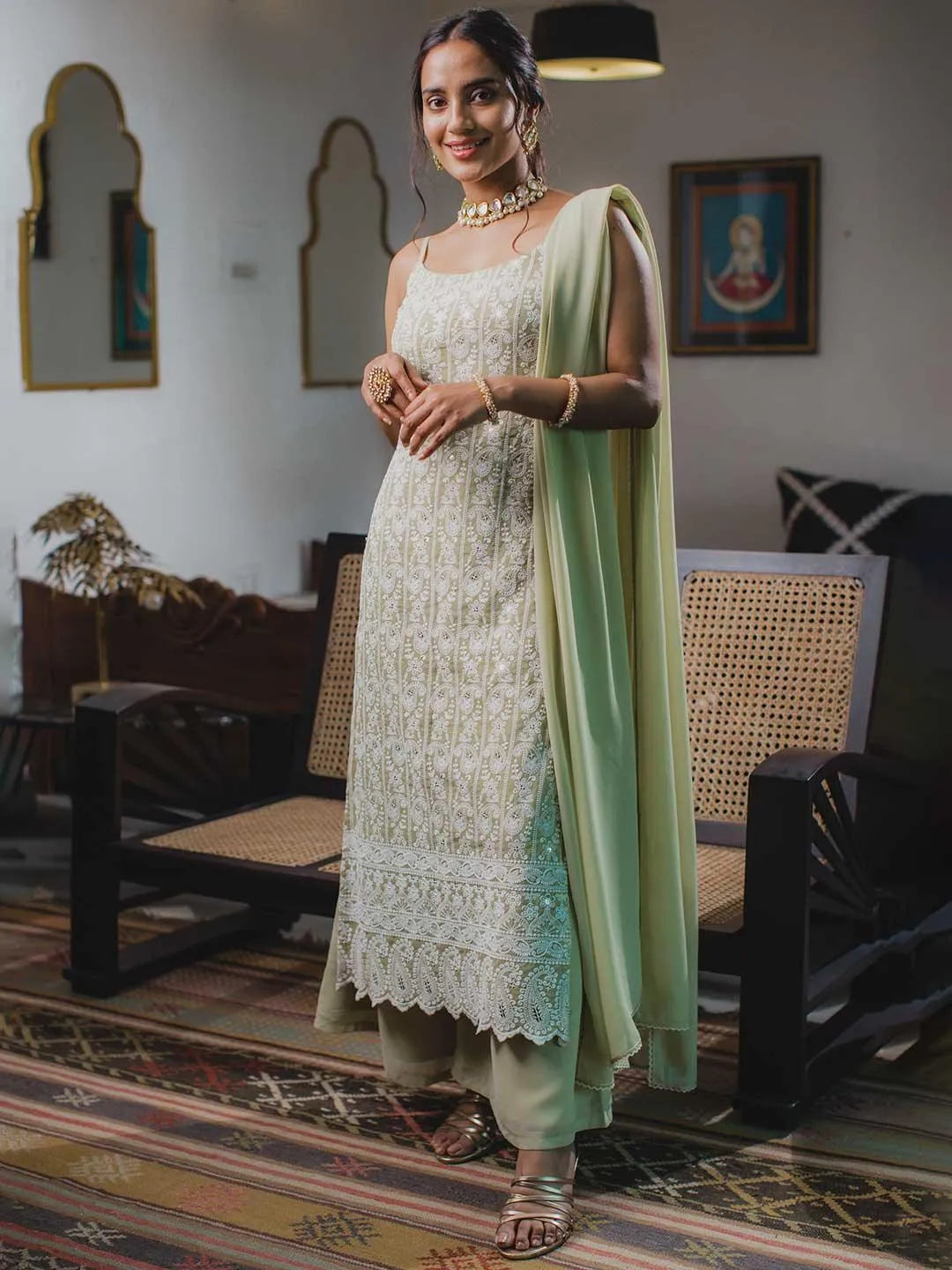 Green Embroidered Georgette Suit Set - Jashvi