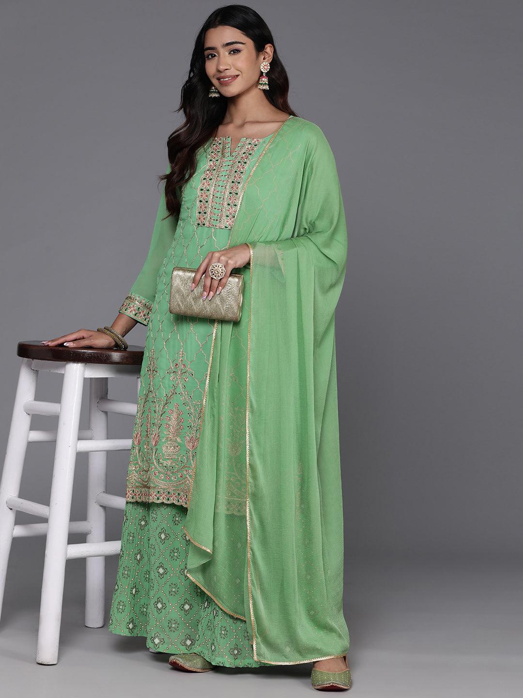 Green Embroidered Georgette Straight Kurta With Palazzos & Dupatta - Jashvi