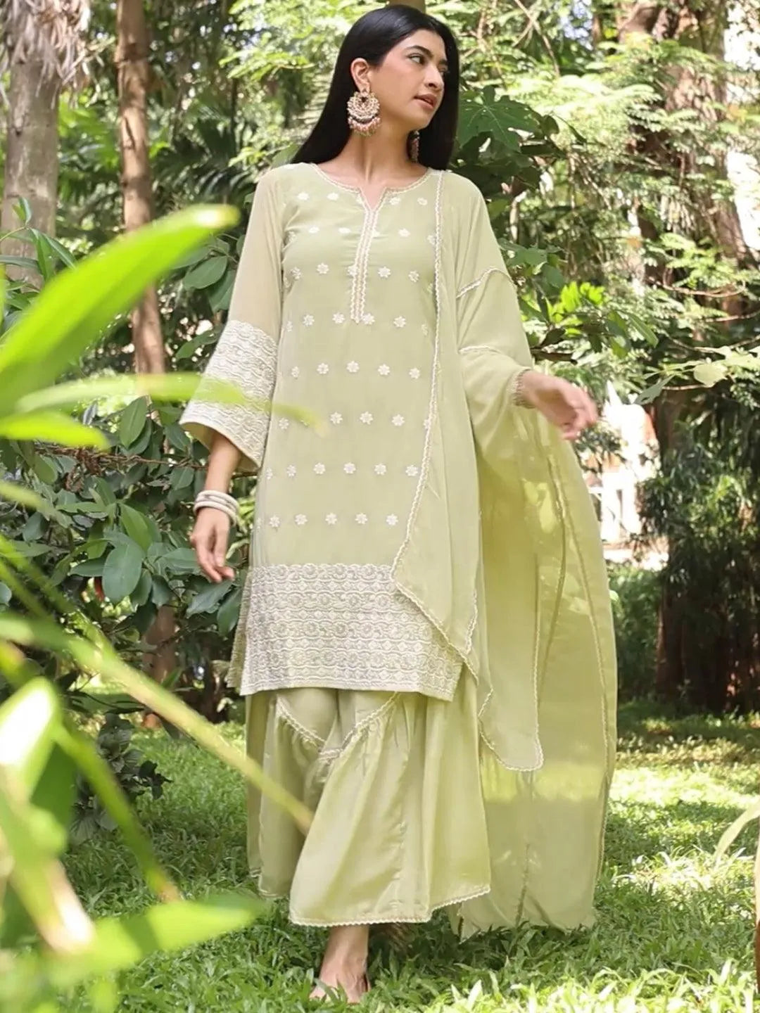 Green Embroidered Georgette Suit Set - Jashvi