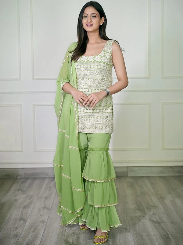 Green Embroidered Georgette Suit Set - Jashvi