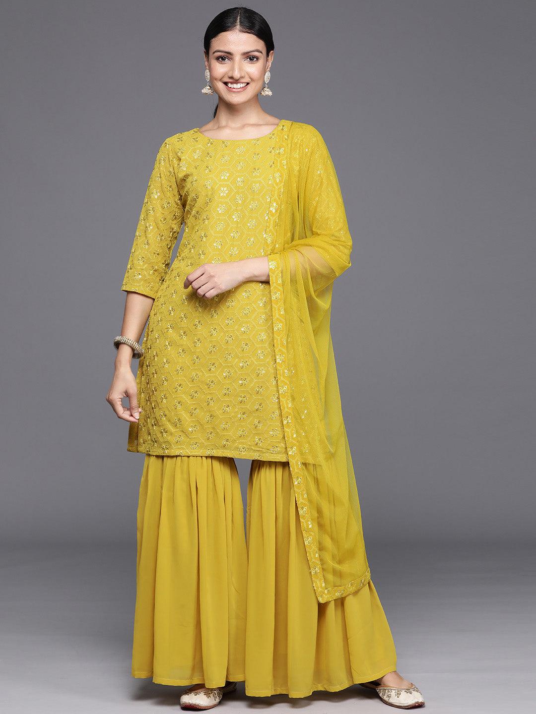 Green Embroidered Georgette Straight Kurta With Sharara & Dupatta - Jashvi