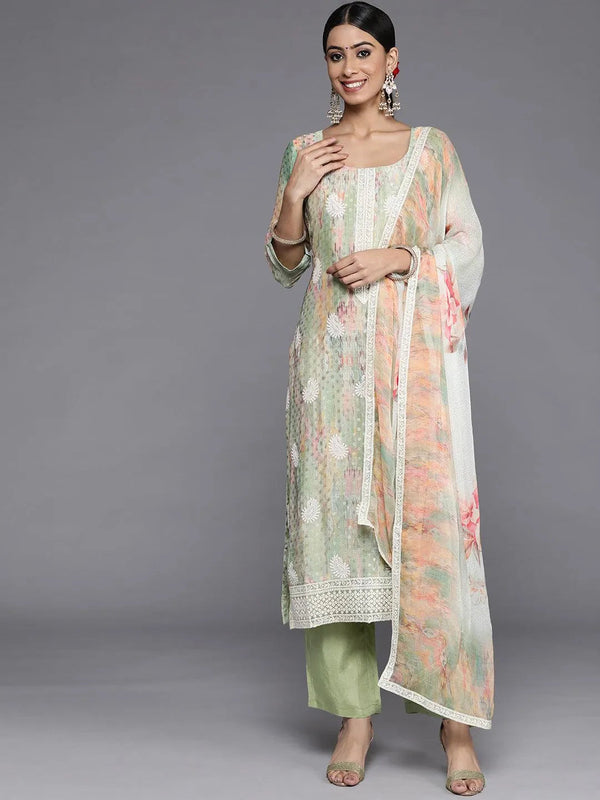 Green Embroidered Poly Georgette Straight Suit Set - Jashvi