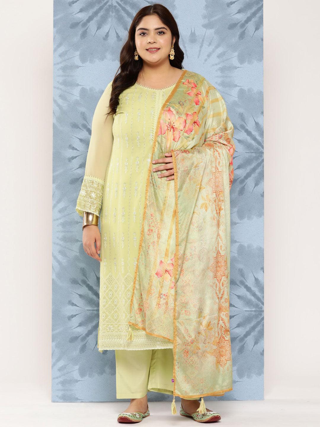 Green Embroidered Georgette Straight Kurta With Trousers and Dupatta - Jashvi