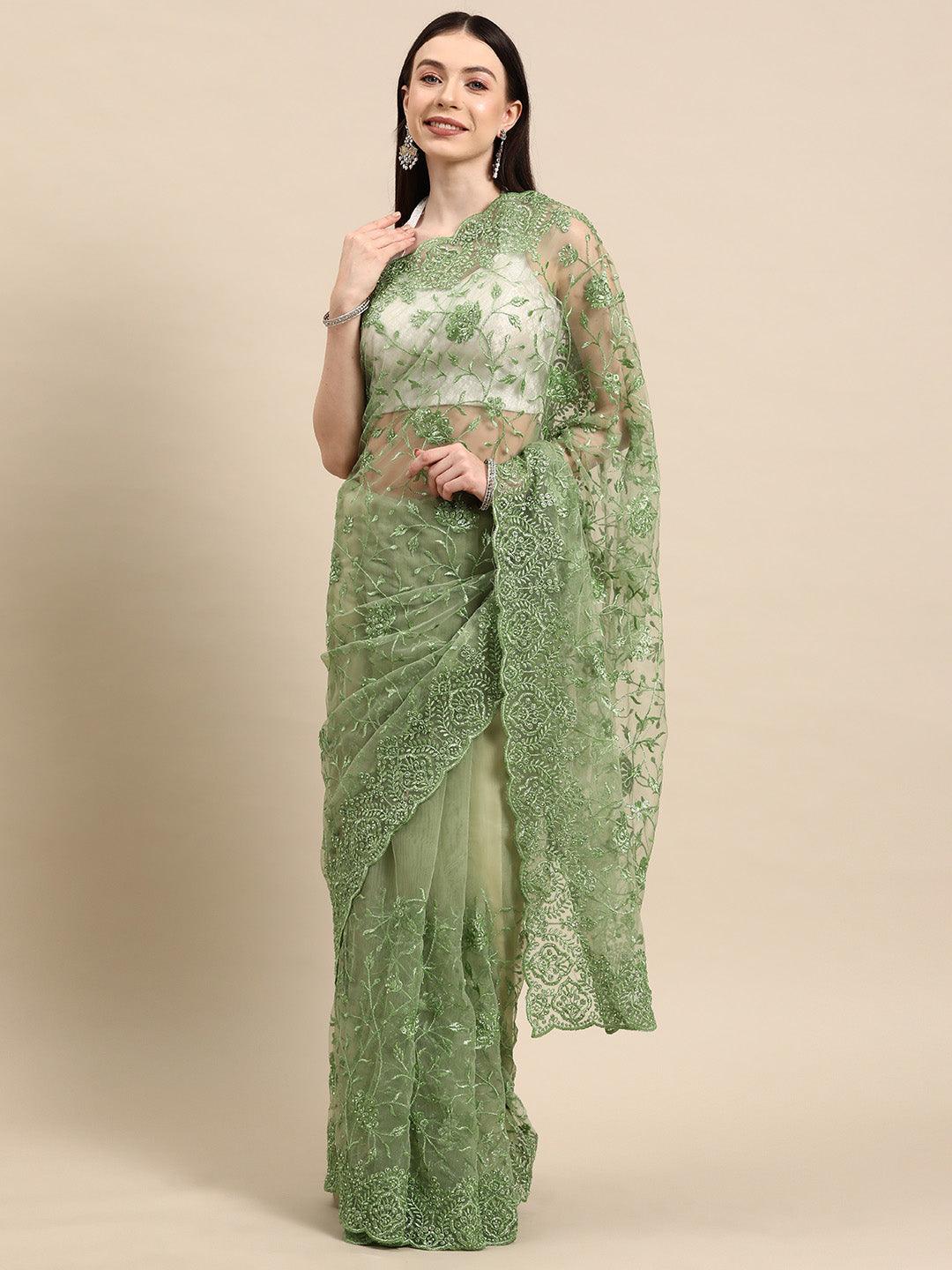 Green Embroidered Net Saree - Jashvi