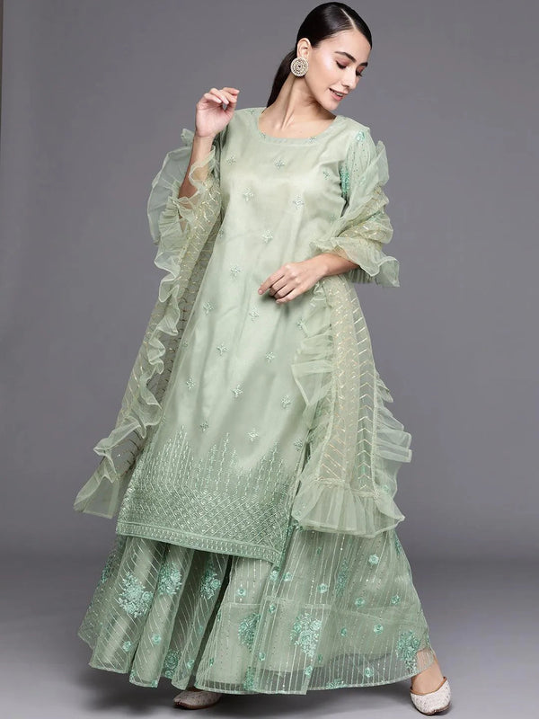 Green Embroidered Net Suit Set - Jashvi