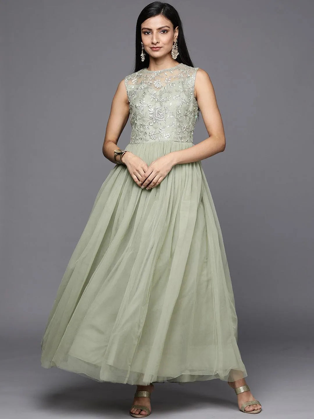 Green Embroidered Nylon Gown Dress - Jashvi