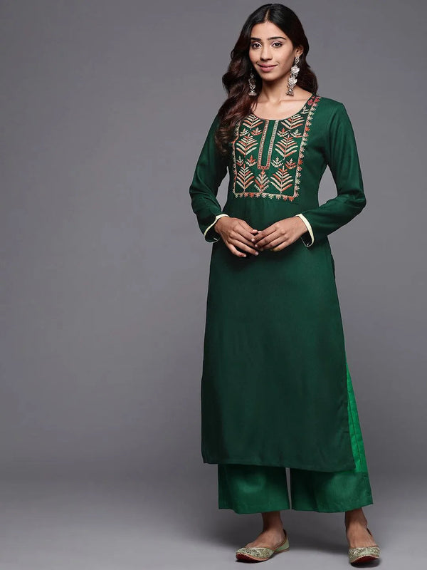 Green Embroidered Pashmina Wool Straight Kurta - Jashvi