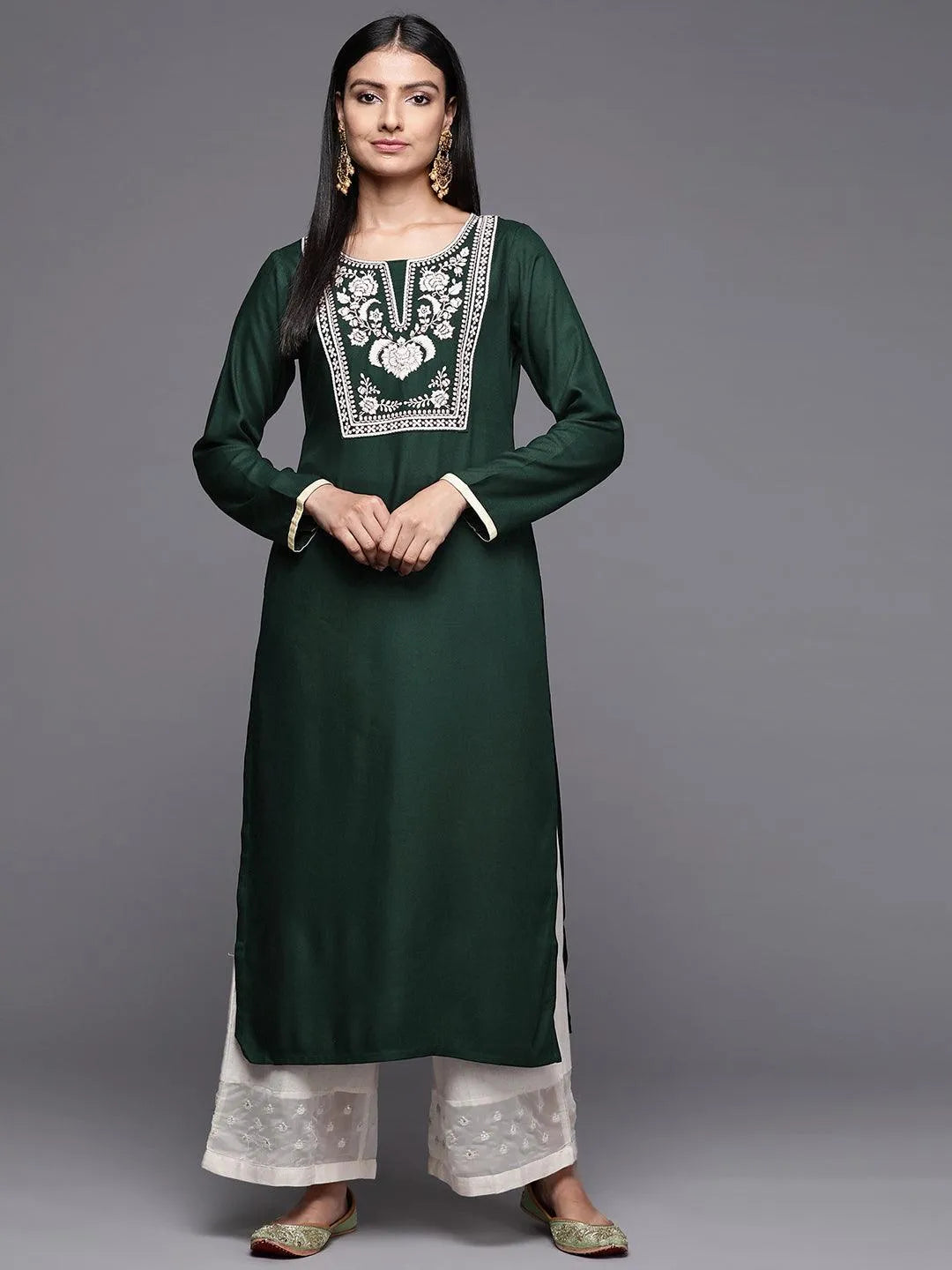 Green Embroidered Pashmina Wool Straight Kurta - Jashvi