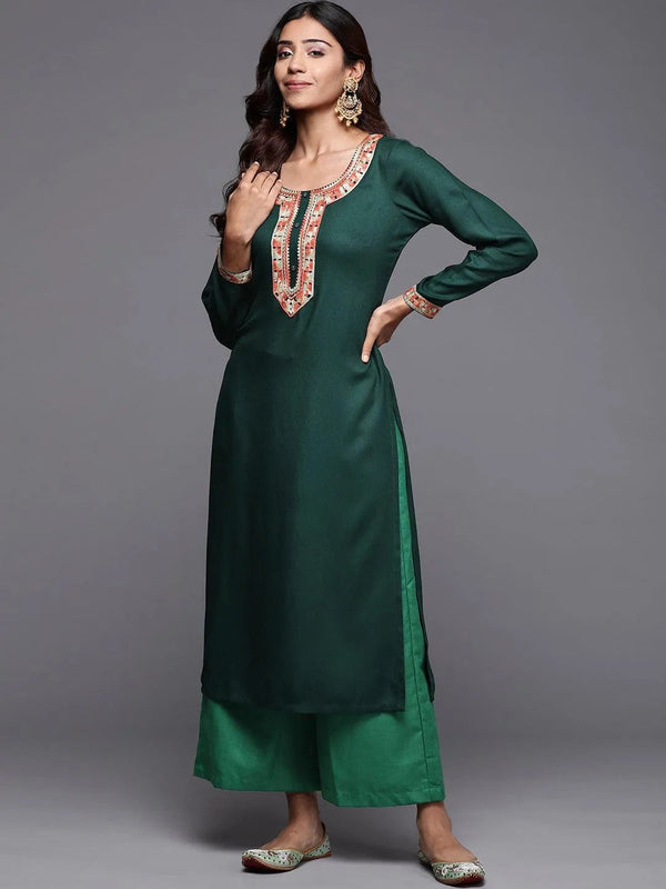 Green Embroidered Pashmina Wool Straight Kurta - Jashvi