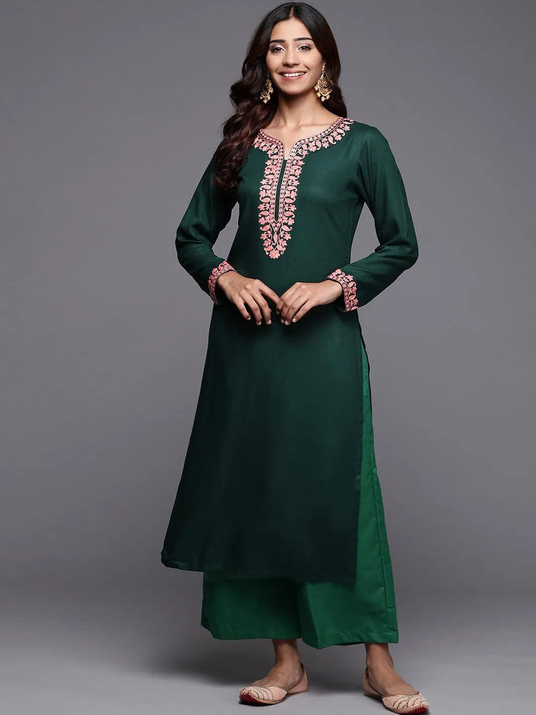 Green Embroidered Pashmina Wool Straight Kurta - Jashvi