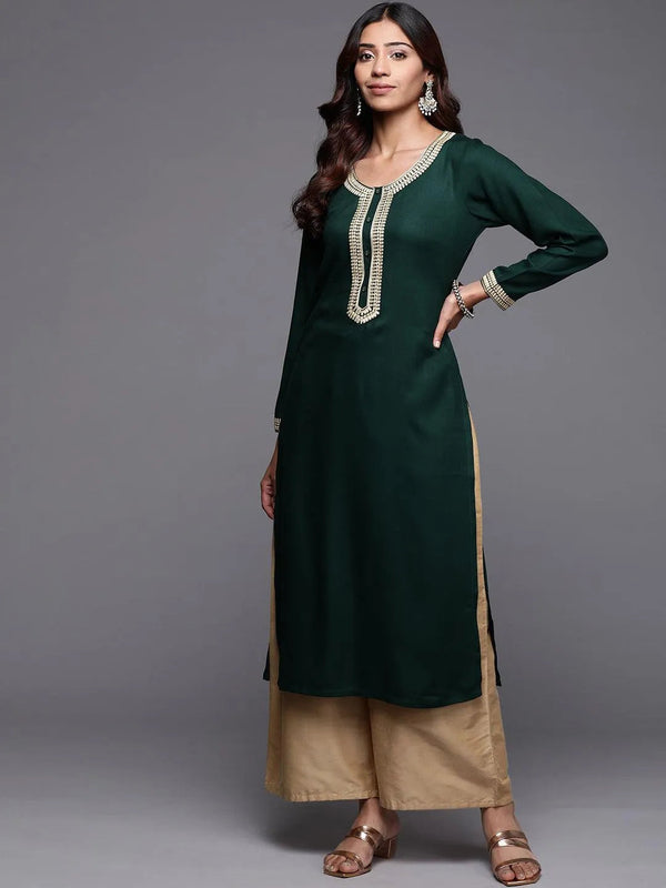 Green Embroidered Pashmina Wool Straight Kurta