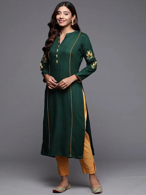 Green Embroidered Pashmina Wool Straight Kurta - Jashvi