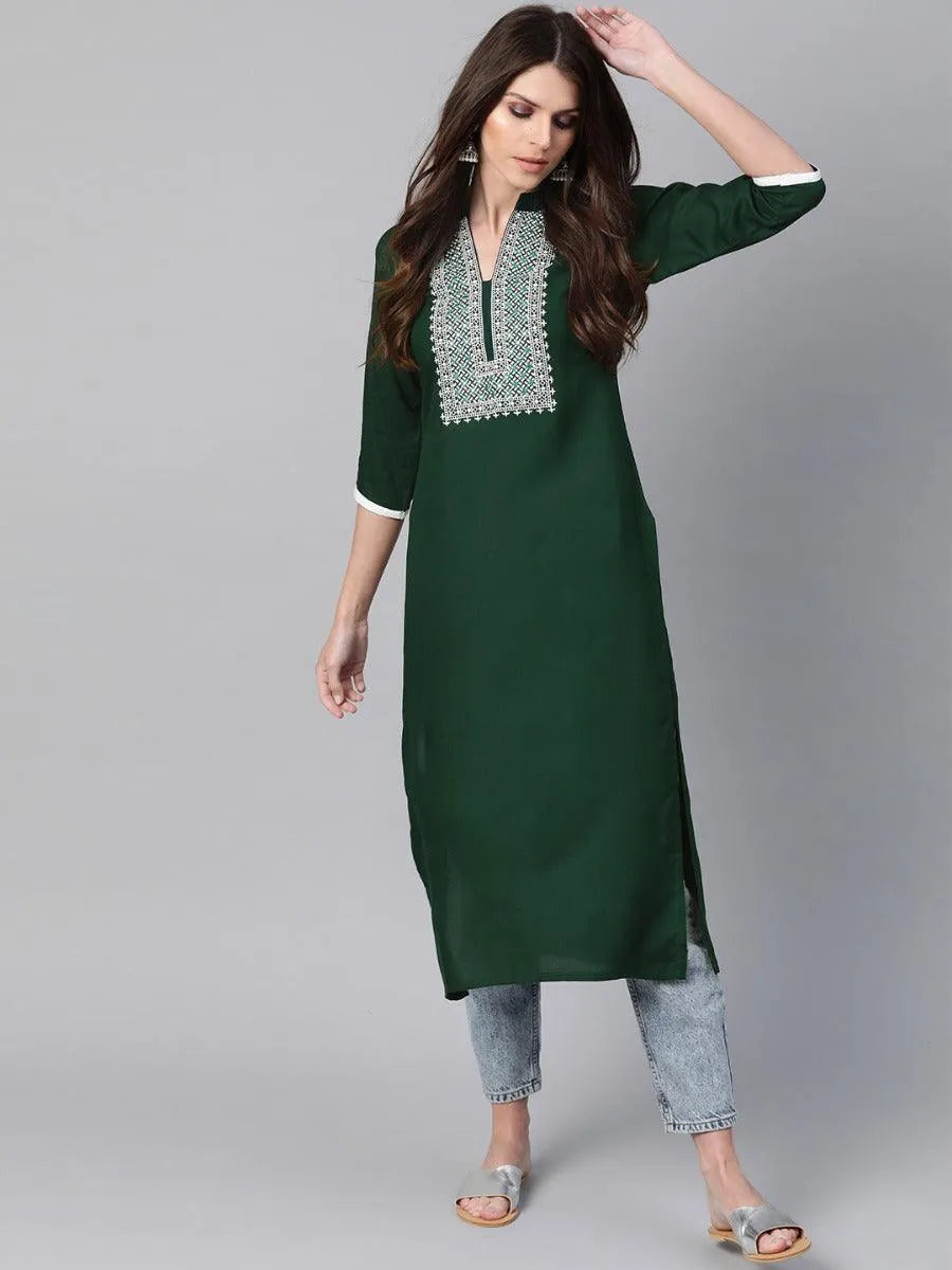 Green Embroidered Rayon Kurta - Jashvi