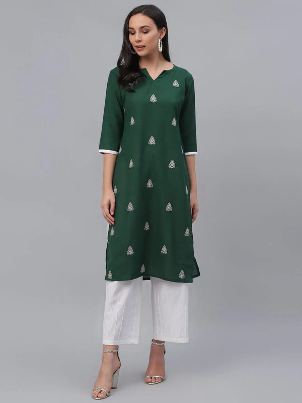 Green Embroidered Rayon Kurta - Jashvi