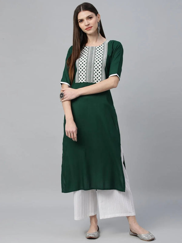 Green Embroidered Rayon Kurta - Jashvi