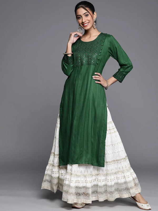 Green Embroidered Rayon Kurta - Jashvi