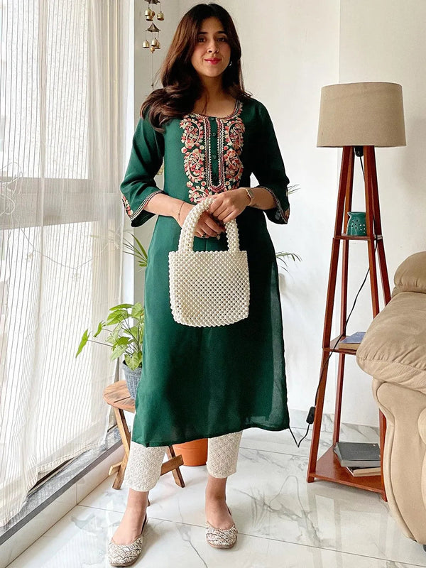 Green Embroidered Rayon Kurta - Jashvi