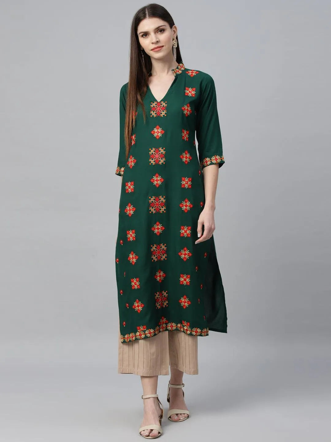 Green Embroidered Rayon Kurta - Jashvi