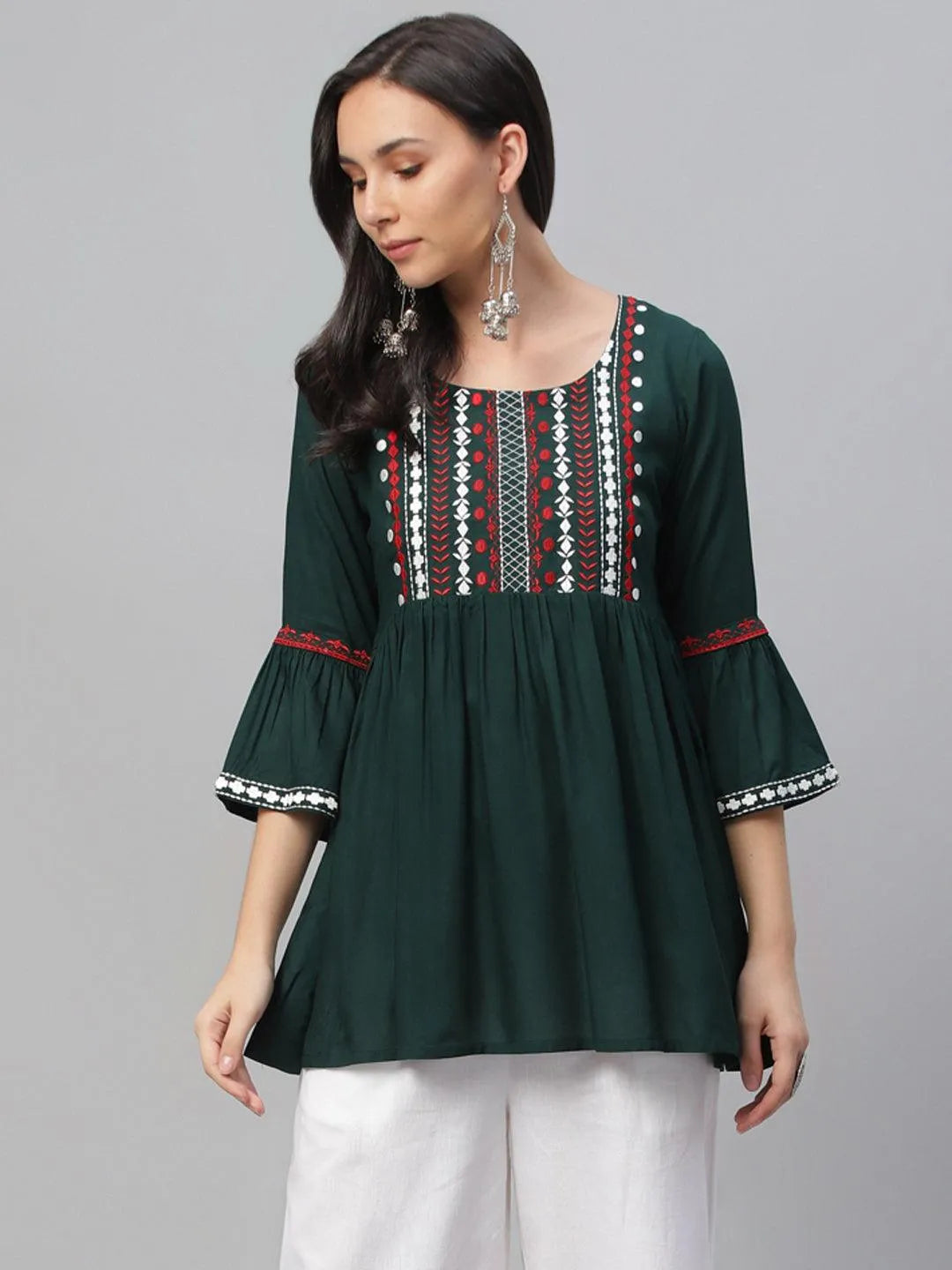 Green Embroidered Rayon Kurti - Jashvi