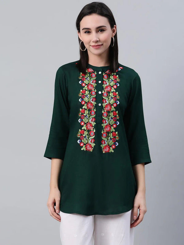 Green Embroidered Rayon Kurti - Jashvi