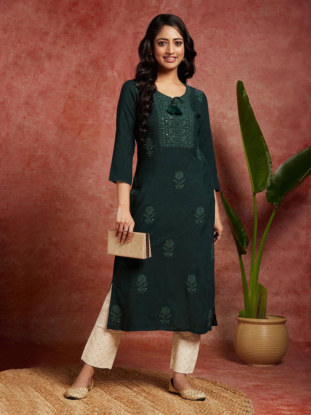 Green Embroidered Rayon Straight Kurta - Jashvi