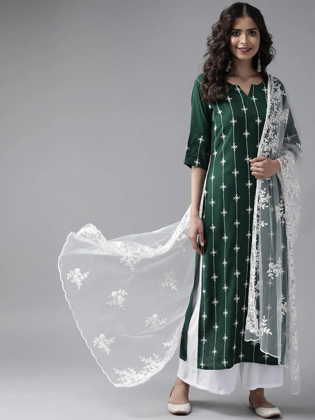 Green Embroidered Rayon Suit Set - Jashvi