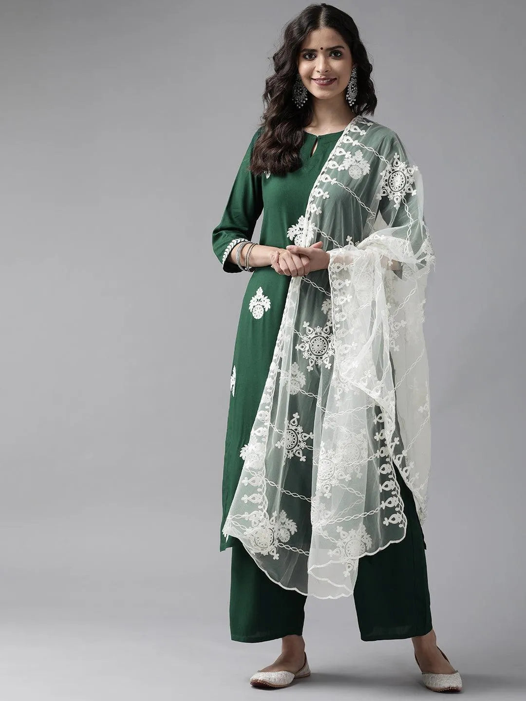 Green Embroidered Rayon Suit Set - Jashvi