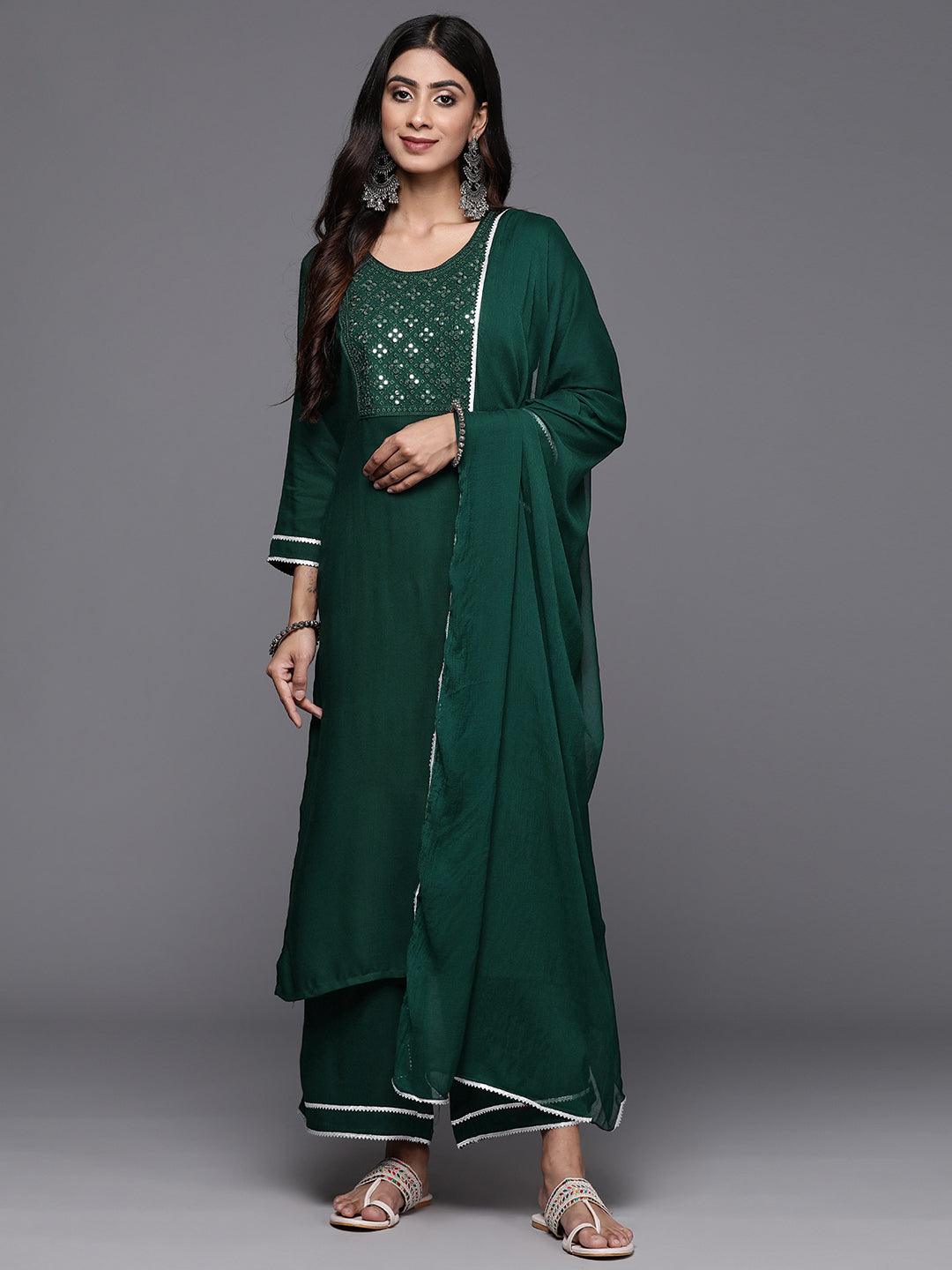 Green Embroidered Rayon Straight Kurta With Palazzos & Dupatta - Jashvi