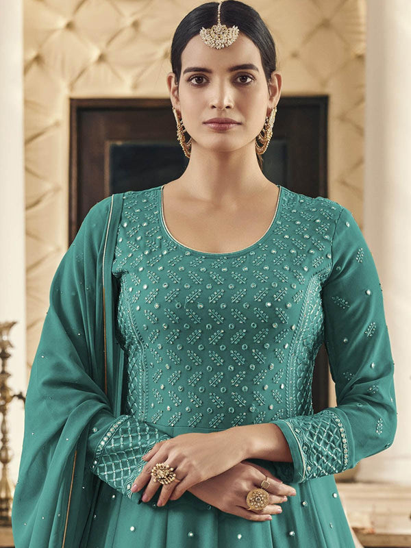 Women's Green Embroidered Sharara Kurta Set - Odette