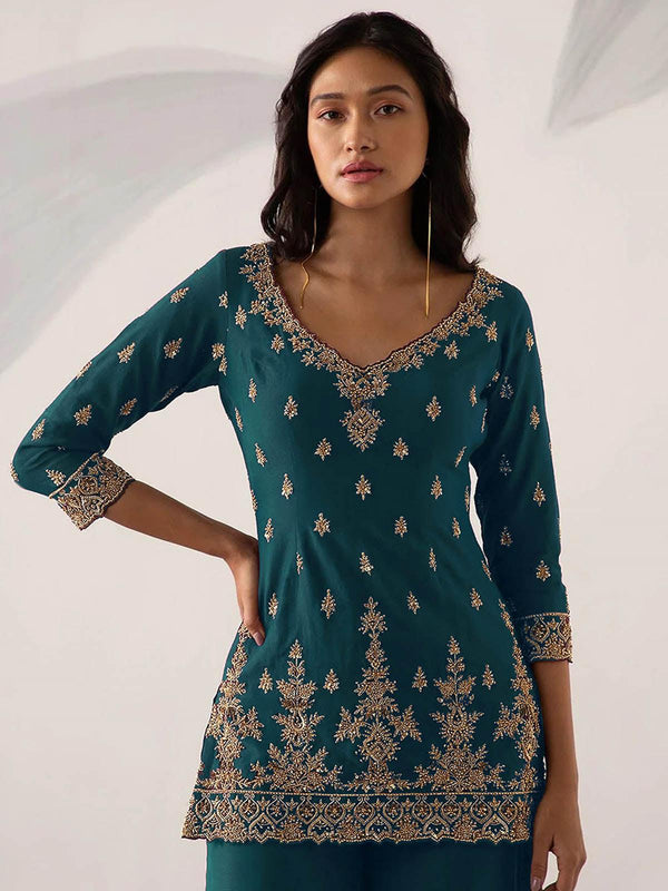 Women's Green Embroidered Sharara Kurta Set - Odette