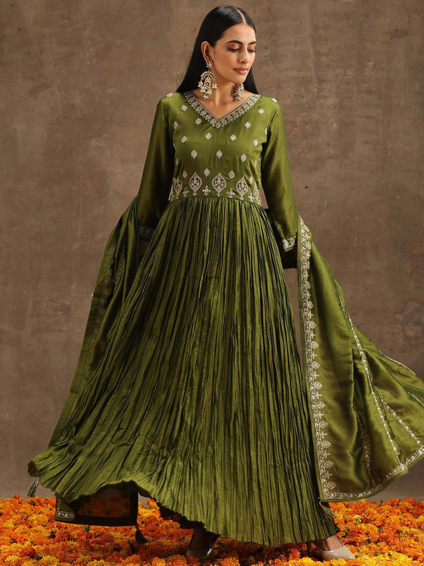 Green Embroidered Silk Blend Anarkali Kurta With Trousers & Dupatta