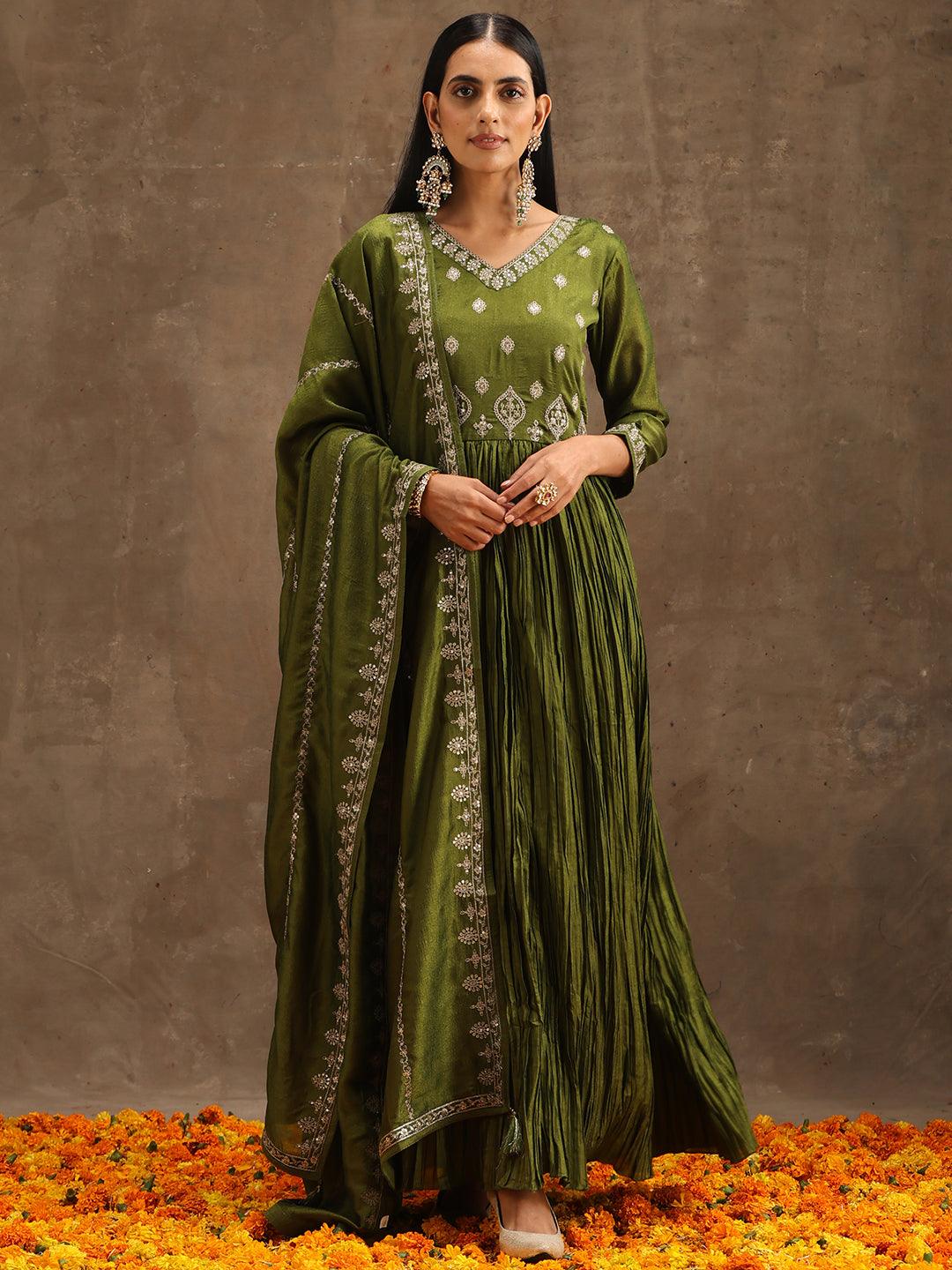 Green Embroidered Silk Blend Anarkali Kurta With Trousers & Dupatta - Jashvi