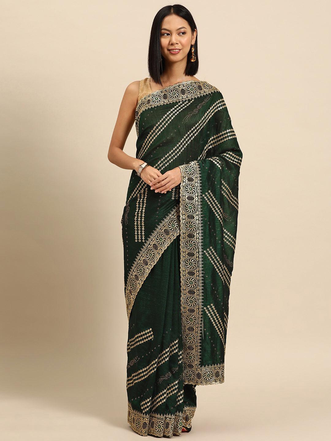 Green Embroidered Silk Blend Saree - Jashvi